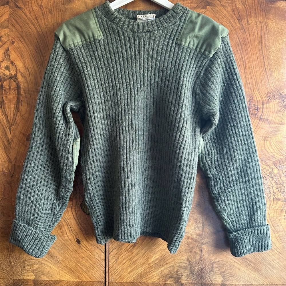 Vintage LL Bean Wool Olive Green Ribbed Crewneck Sweater